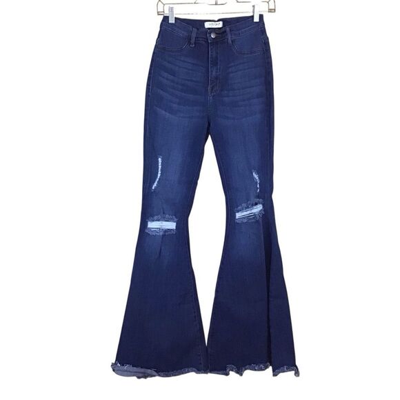 Vibrant MIU Distressed Bell Bottom Jeans Juniors 7 Raw Hem High Rise - Picture 1 of 12